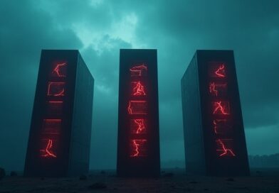 Trzy pękające, świecące serwery AI w burzowym, neonowym pejzażu.
