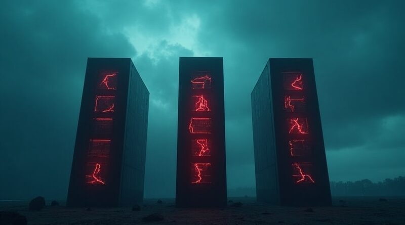 Trzy pękające, świecące serwery AI w burzowym, neonowym pejzażu.