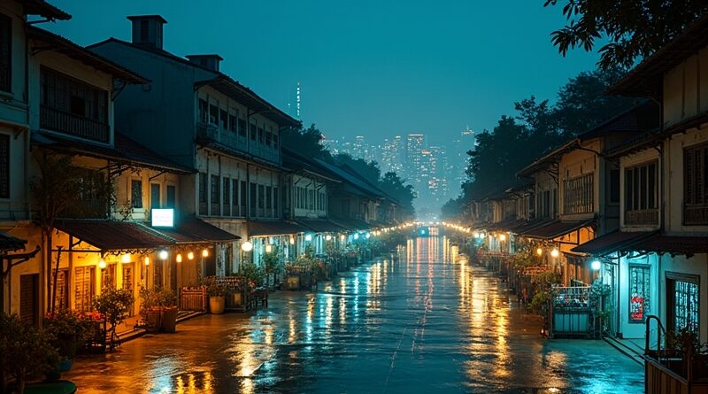 Futurystyczne George Town nocą, kolonialne domy z obwodami i strumieniami danych ku Cieśninie Malakka.