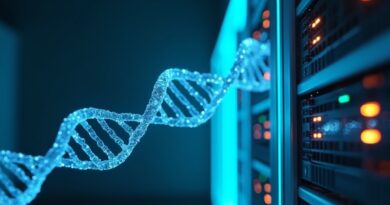 Podwójna helisa DNA łączy się ze świecącym stojakiem serwerowym w futurystycznym centrum danych.