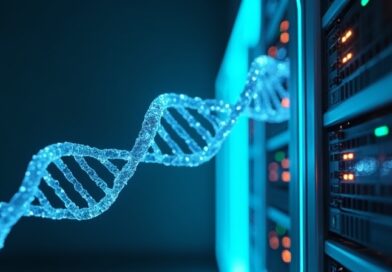 Podwójna helisa DNA łączy się ze świecącym stojakiem serwerowym w futurystycznym centrum danych.