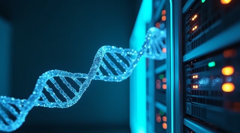 Podwójna helisa DNA łączy się ze świecącym stojakiem serwerowym w futurystycznym centrum danych.
