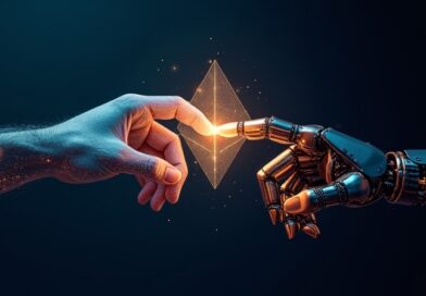 Ludzka i robotyczna dłoń stykają się opuszkami, tworząc złotą tarczę z dowodów matematycznych.