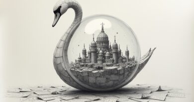 Szkic ołówkiem: papierowy łabędź przebija szklaną kulę z miniaturowym miastem wśród wzorów.
