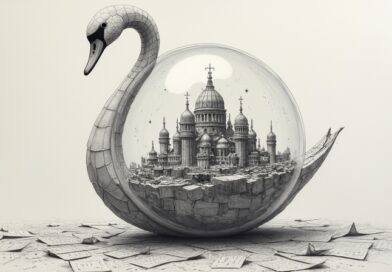 Szkic ołówkiem: papierowy łabędź przebija szklaną kulę z miniaturowym miastem wśród wzorów.