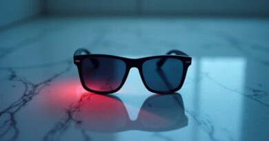 Okulary Ray-Ban Meta na marmurze, czerwona dioda LED w cieniu.