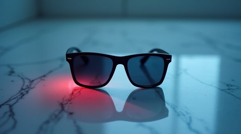 Okulary Ray-Ban Meta na marmurze, czerwona dioda LED w cieniu.
