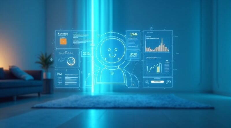Holograficzny interfejs z przyjaznym awatarem zarządzającym kalendarzem, płatnościami i danymi zdrowotnymi w błękitnym świetle.