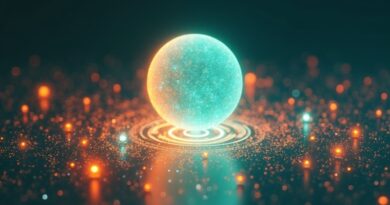 Świecąca kula głosu w pomarańczowo-tealowych geometrycznych wzorach, symbol ewolucji AI.