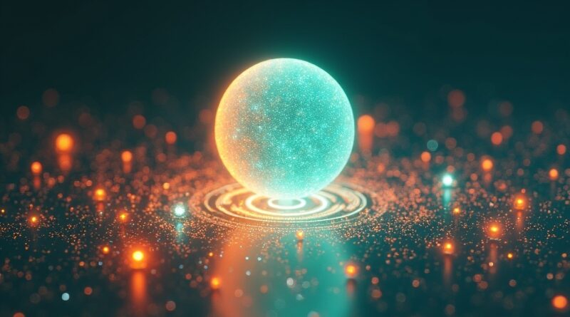 Świecąca kula głosu w pomarańczowo-tealowych geometrycznych wzorach, symbol ewolucji AI.