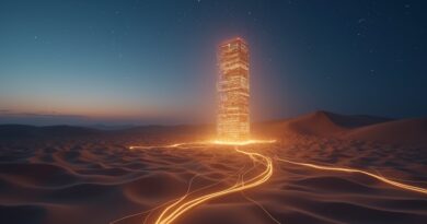 Futurystyczne centrum danych wyrastające z pustynnych wydm o zmierzchu, złote światłowody i arabskie wzory.