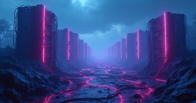 Neonowe centra danych i splątane kable pod burzowym niebem, symbol wyścigu zbrojeń AI.
