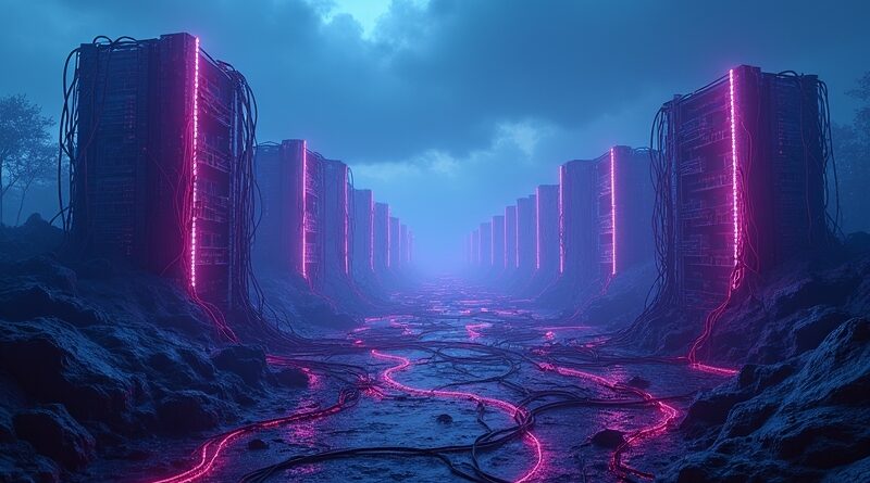 Neonowe centra danych i splątane kable pod burzowym niebem, symbol wyścigu zbrojeń AI.