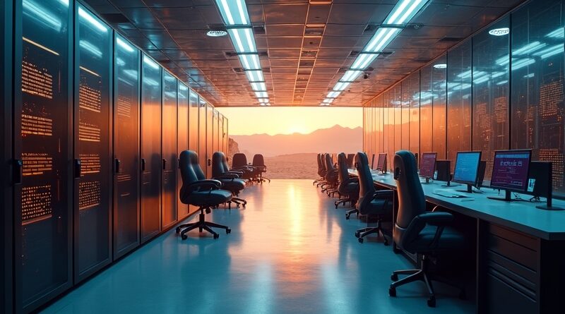 Futurystyczne centrum danych na pustyni, puste stacje robocze w ciepłym złocie i chłodnym błękicie.