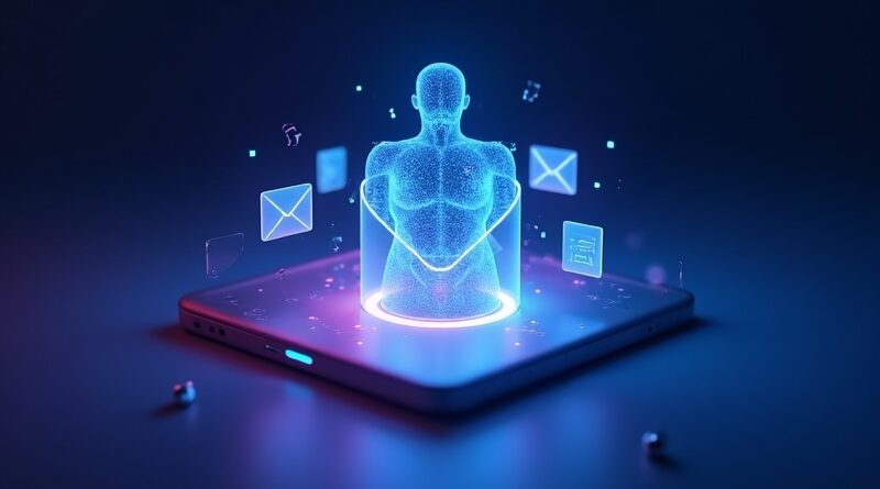 Lśniący awatar Muse wyłania się z koperty e-mail, wokół unoszą się okna aplikacji Mac.