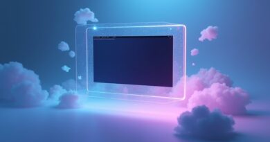 Szklany, przezroczysty monitor z terminalem Ubuntu w chmurze, otoczony błękitno-fioletową poświatą i delikatnymi obwodami.