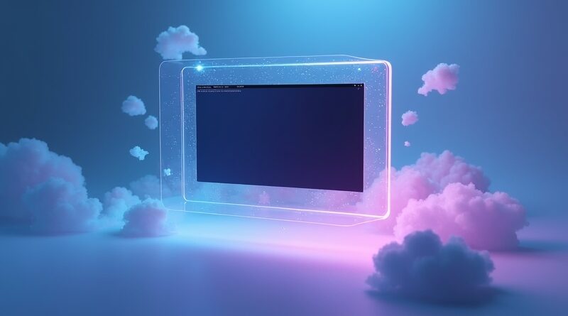 Szklany, przezroczysty monitor z terminalem Ubuntu w chmurze, otoczony błękitno-fioletową poświatą i delikatnymi obwodami.