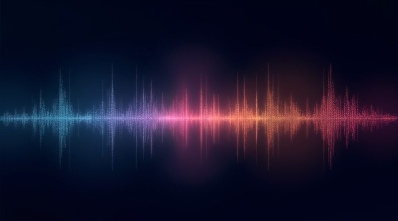 Fala audio rozdziela się na osiem kolorowych świetlistych pasm na granatowym tle.