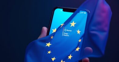 Nowy ekran iPhone’a z interfejsem Siri, na którym widać symbole Google Gemini i przezroczystą flagę UE.