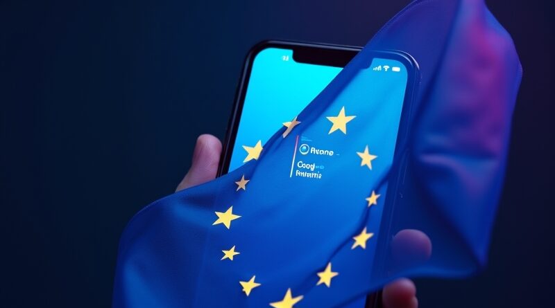 Nowy ekran iPhone’a z interfejsem Siri, na którym widać symbole Google Gemini i przezroczystą flagę UE.