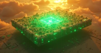 Zielony kryształowy GPU z neonem Anthropic nad złotym morzem płytek.