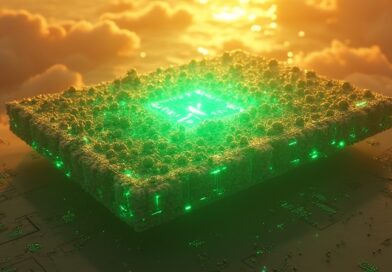 Zielony kryształowy GPU z neonem Anthropic nad złotym morzem płytek.