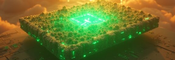 Zielony kryształowy GPU z neonem Anthropic nad złotym morzem płytek.