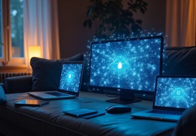 Futurystyczny salon z laptopem, komputerem i tabletem połączonymi niebieskimi świetlistymi nićmi danych.
