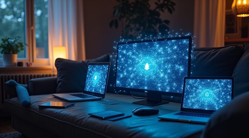 Futurystyczny salon z laptopem, komputerem i tabletem połączonymi niebieskimi świetlistymi nićmi danych.