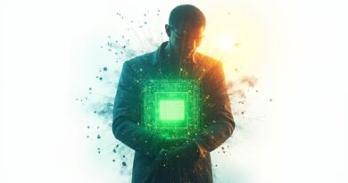 Zielony chip komputerowy połączony z neonowo-niebieską i złotą sylwetką człowieka, surrealistyczna cyfrowa grafika.