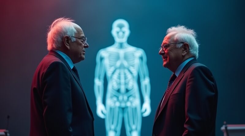 Dwóch polityków na scenie przed hologramem AI, futurystyczne światło.