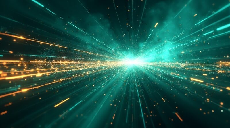Sextuple-speed code streams, teal-gold streaks, dark clouds, futuristic architectures.