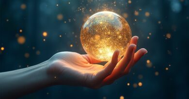 Surreal hand touching luminous metal sphere with geometric patterns, brushstrokes, deep indigo, amber palette, hopeful, transformative.