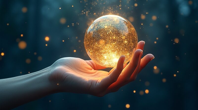 Surreal hand touching luminous metal sphere with geometric patterns, brushstrokes, deep indigo, amber palette, hopeful, transformative.