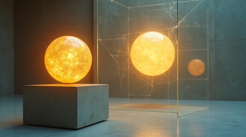 Złota kula słoneczna na kamiennym postumencie, za pękniętą szybą większa, jaśniejsza sfera.