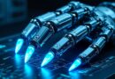Błękitny neonowy pazur nad interfejsem z danymi SQL i wykresami.