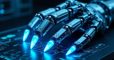 Błękitny neonowy pazur nad interfejsem z danymi SQL i wykresami.