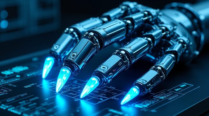 Błękitny neonowy pazur nad interfejsem z danymi SQL i wykresami.
