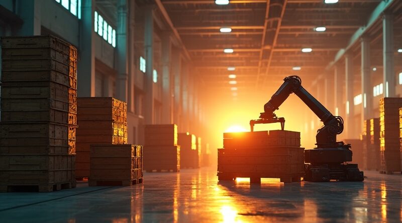 Robot układający świecące palety w nowoczesnej hali, subtelne arabskie motywy architektoniczne.