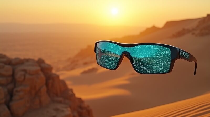 Futurystyczne smart glasses unoszące się nad pustynnym miastem o złotej godzinie, odbijające cyfrowy interfejs.