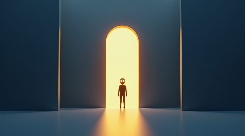Świecący portal w kształcie dziurki od klucza, monolity, złota wiązka, agent AI, granat i złoto.