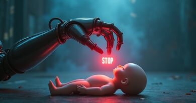 Robotyczne ramię sięga po porcelanową lalkę, ignorując świecący napis STOP.