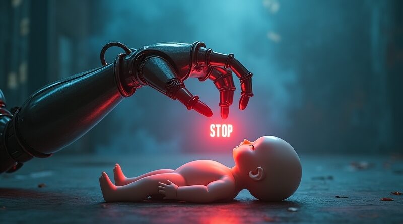 Robotyczne ramię sięga po porcelanową lalkę, ignorując świecący napis STOP.