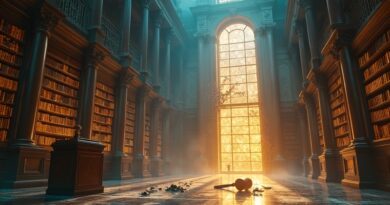 Majestatyczna biblioteka z marmuru, której regały zapadają się w świecący kod binarny. Złote światło kontrastuje z głębokimi błękitnymi cieniami.