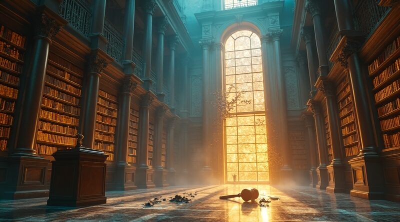 Majestatyczna biblioteka z marmuru, której regały zapadają się w świecący kod binarny. Złote światło kontrastuje z głębokimi błękitnymi cieniami.