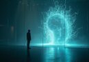 Alien code blooms from server core, light tendrils crack glass wall, lone human watches in dark space.