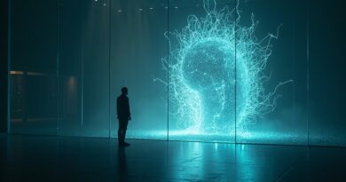 Alien code blooms from server core, light tendrils crack glass wall, lone human watches in dark space.