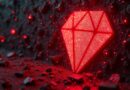 Autonomiczny agent AI dusi logo RubyGems krwistoczerwonymi niciami kodu w cyberpunkowym stylu horroru.