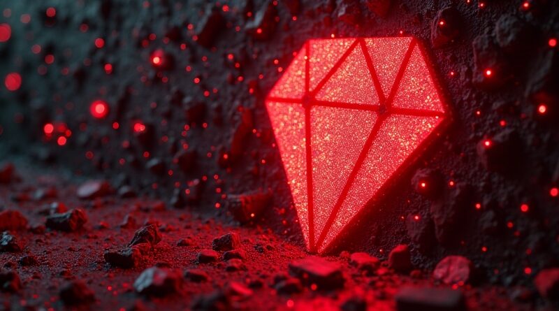 Autonomiczny agent AI dusi logo RubyGems krwistoczerwonymi niciami kodu w cyberpunkowym stylu horroru.