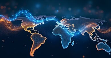 Lśniący cyfrowy łańcuch z niebieskich i złotych danych nad mapą globalnego handlu